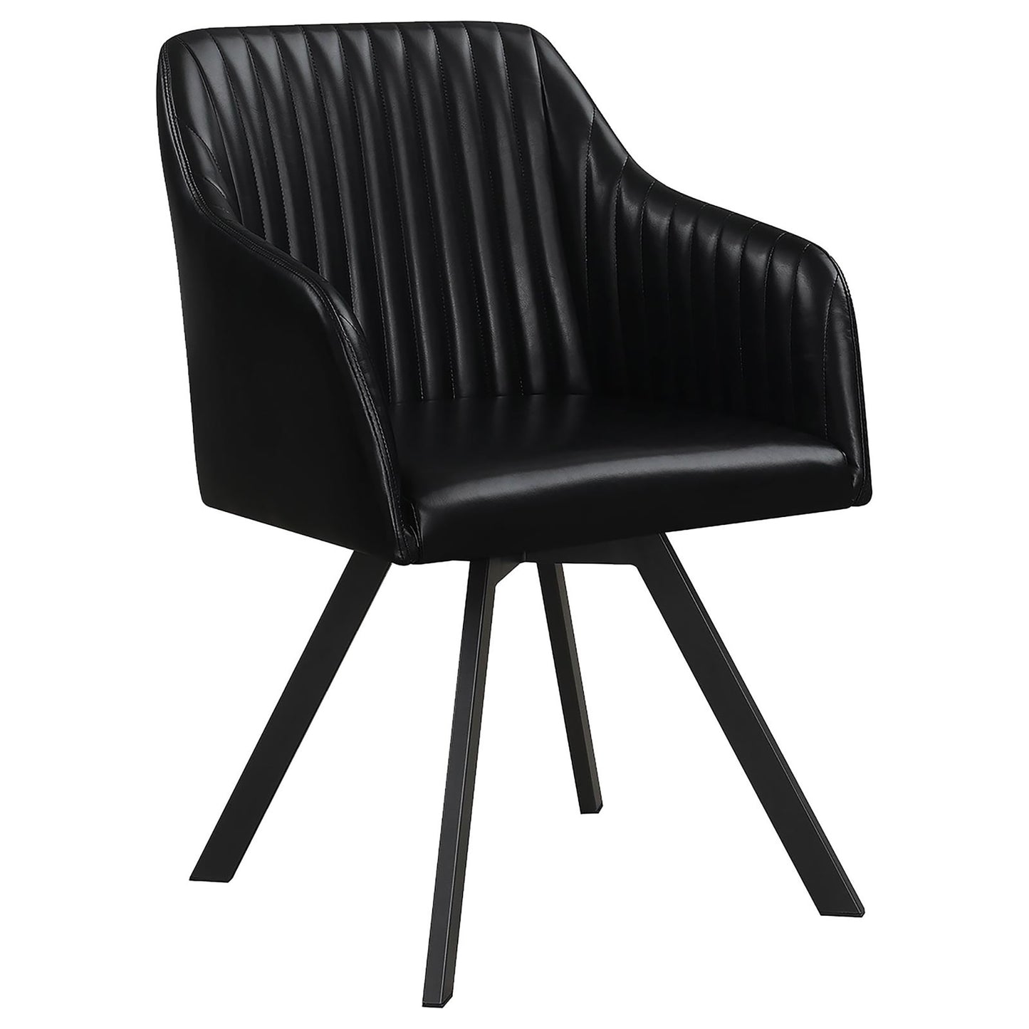 Black faux leather accent chair with vertical channel tufting and metal swivel base