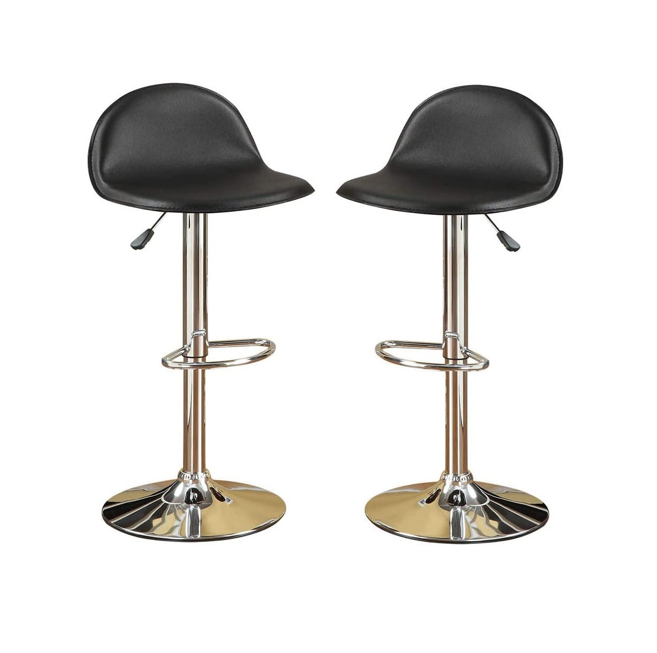 Two black leather bar stools with adjustable height and chrome bases