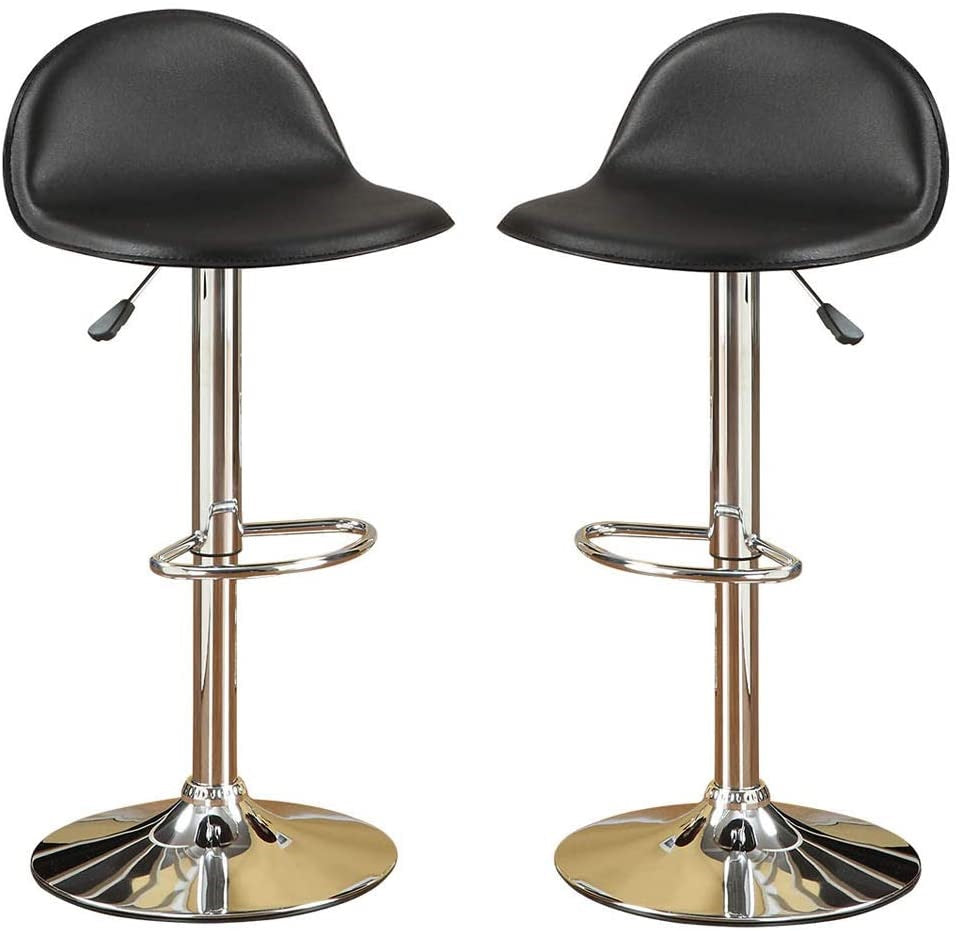 Two black faux leather bar stools with adjustable height and chrome bases