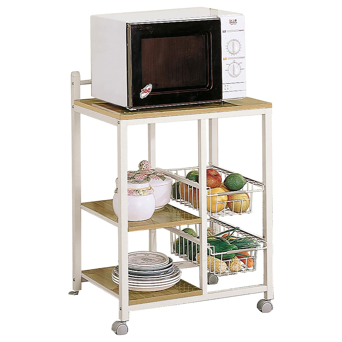 White microwave oven atop a kitchen utility cart with wire baskets