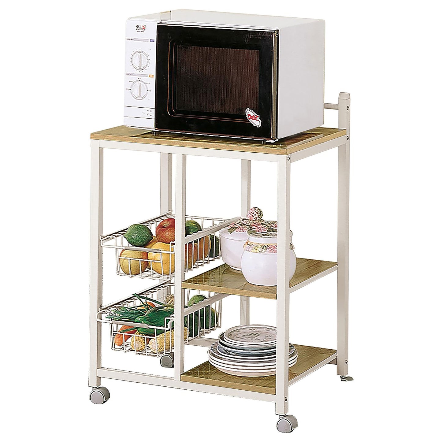 White microwave oven with digital display sits atop a rolling kitchen cart with fruit baskets