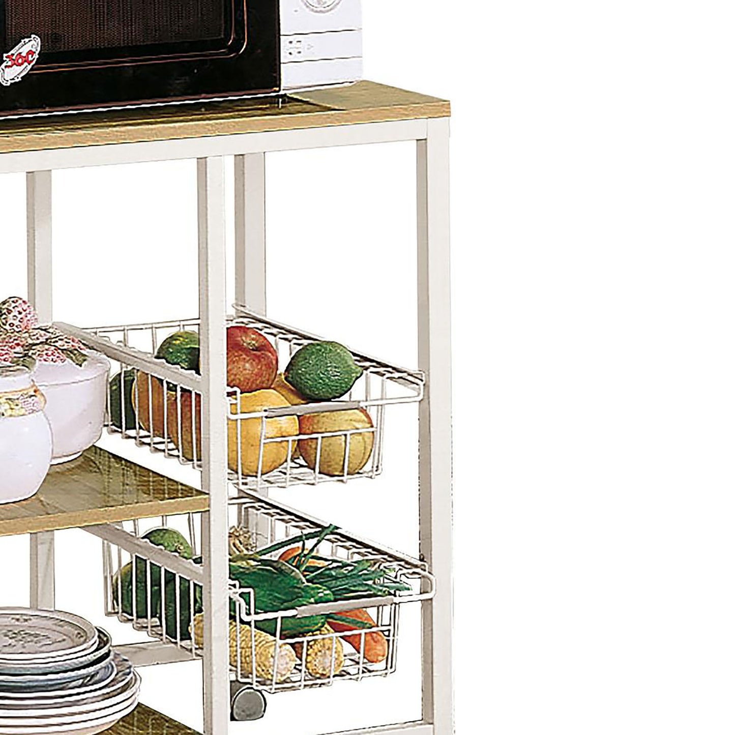 White metal kitchen cart with three shelves holding fruits and vegetables