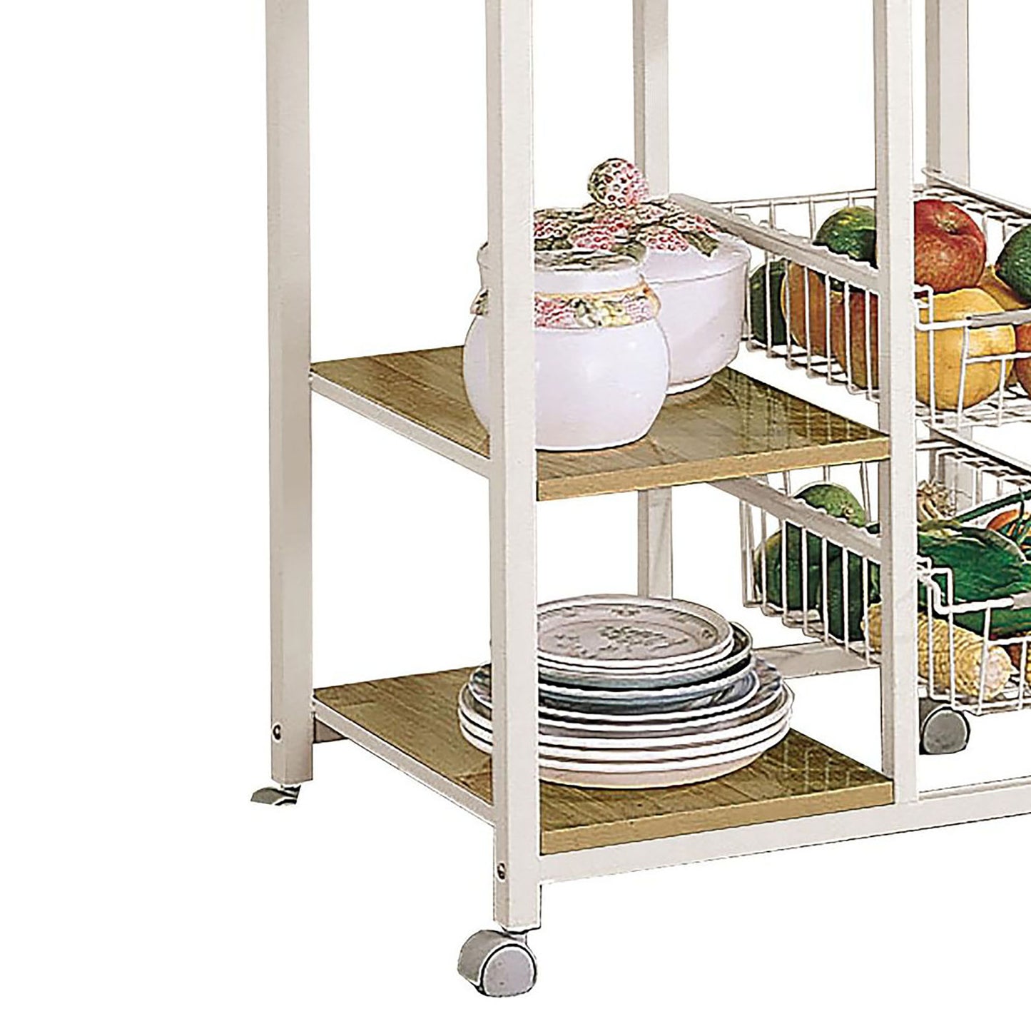 White rolling kitchen cart with wire baskets filled with fruits and vegetables