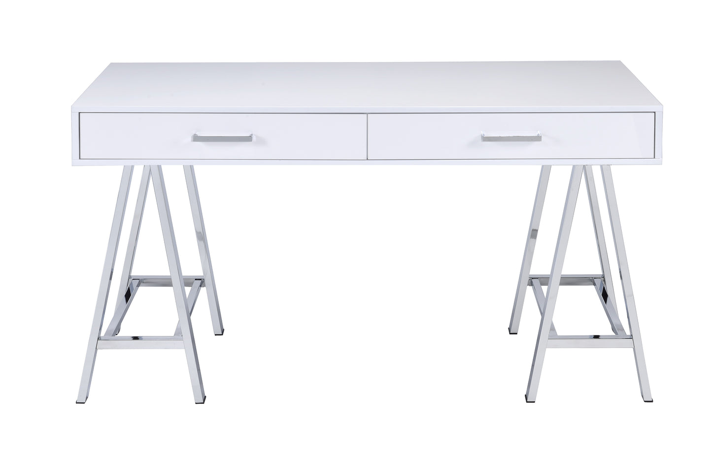 Sleek white writing desk with two silver drawer pulls and polished chrome trestle legs