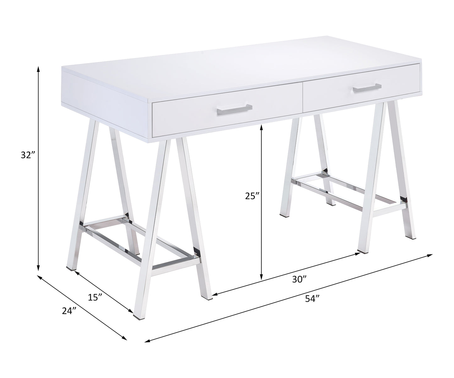 Modern white desk with two drawers and chrome legs for a home office