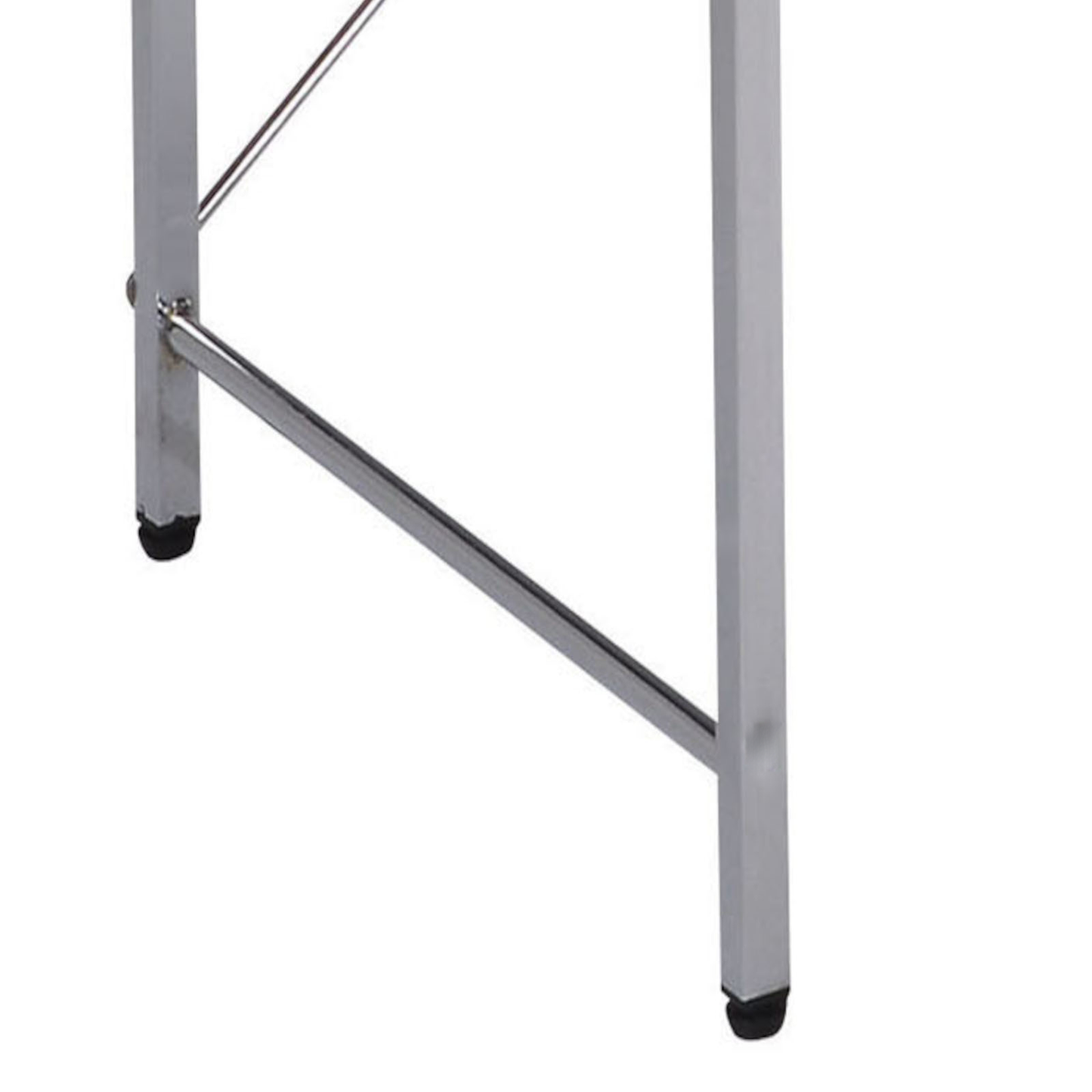 Closeup of chrome metal table legs with black rubber feet for stability