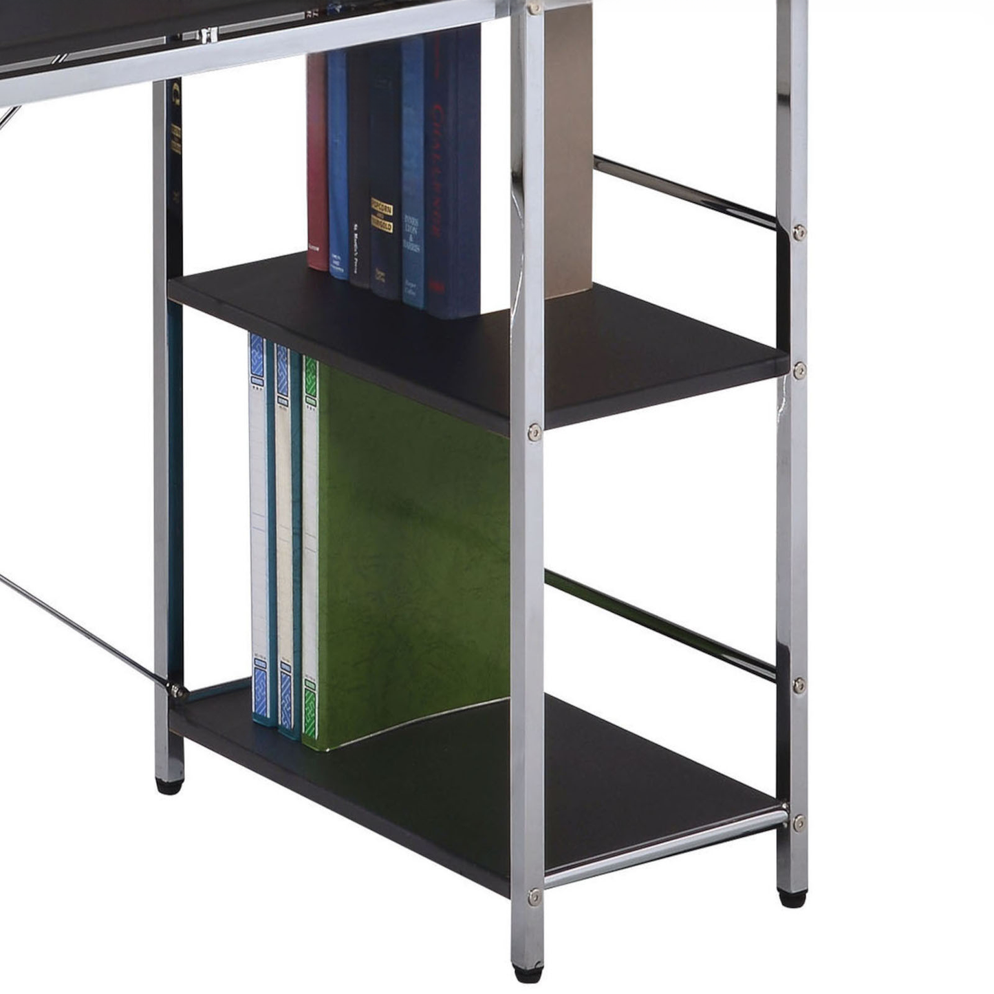 Black metal bookshelf with chrome legs displaying hardback books