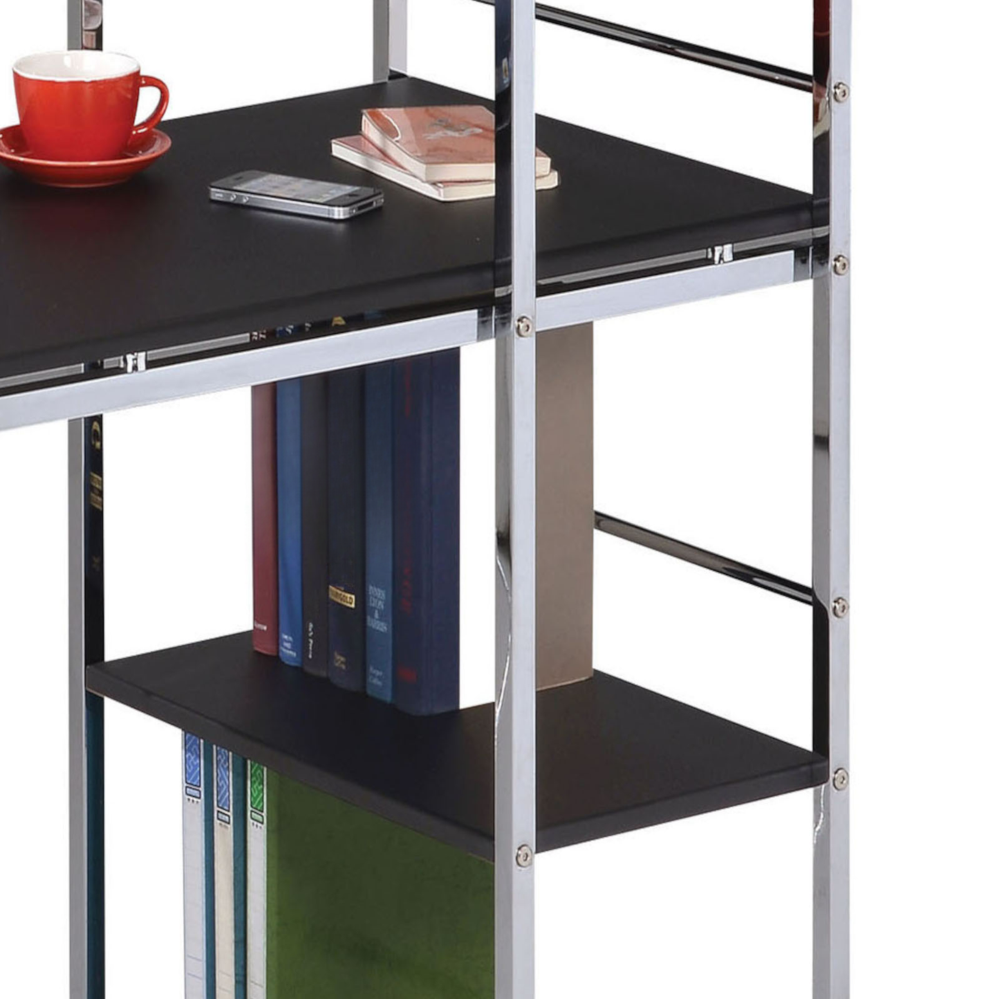 Sleek black metal shelf unit with a red coffee cup and smartphone on top