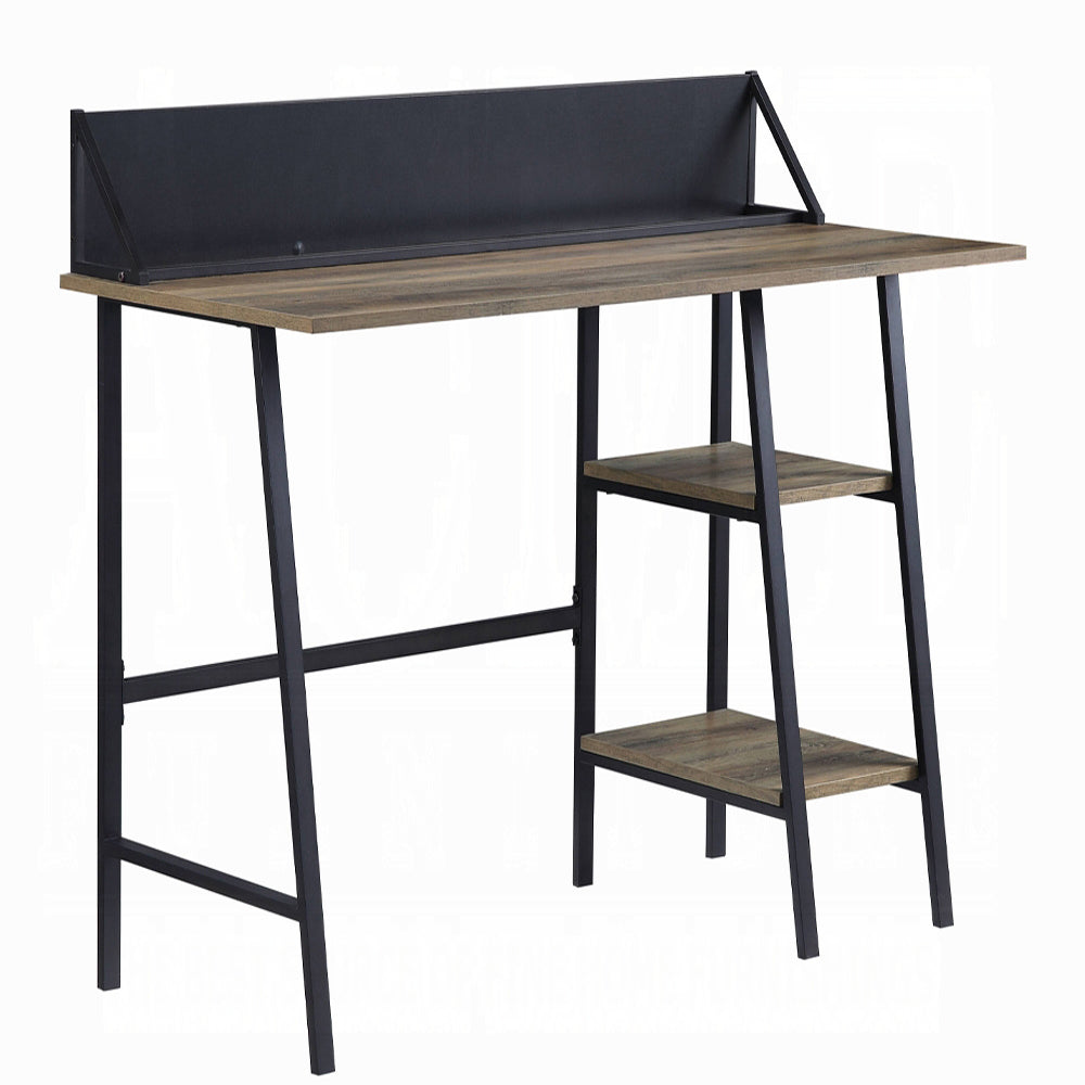 Modern industrial desk with oak veneer top and black metal frame