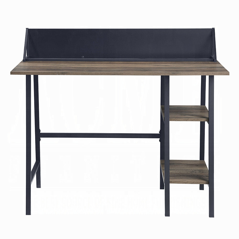 Rustic wood grain desk with metal frame and builtin shelves for home office