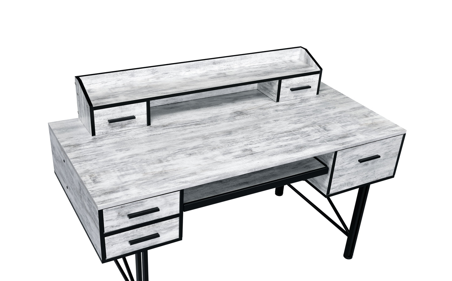 Distressed white wood desk with black accents and hairpin legs featuring multiple drawers for storage