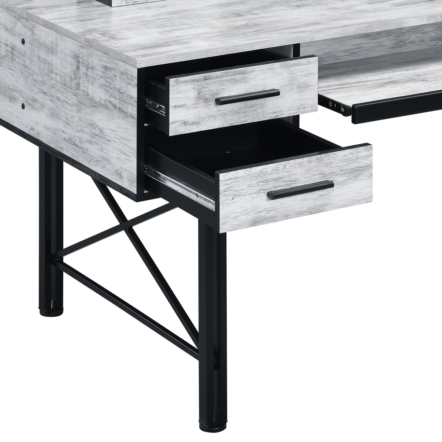 Distressed white wash wood desk with two open drawers and black metal legs