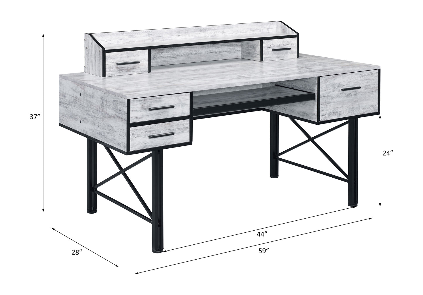 White washed wood desk with hutch drawers and black metal legs W