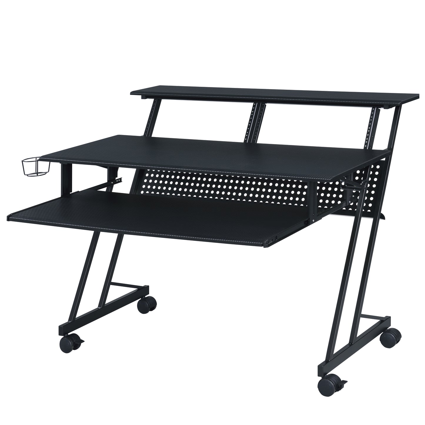 Black studio desk with tiered shelving and wheeled base for a home studio setup