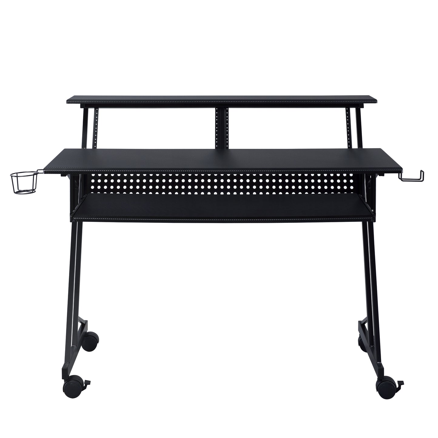 Black studio desk with tiered shelves and a headphone hook