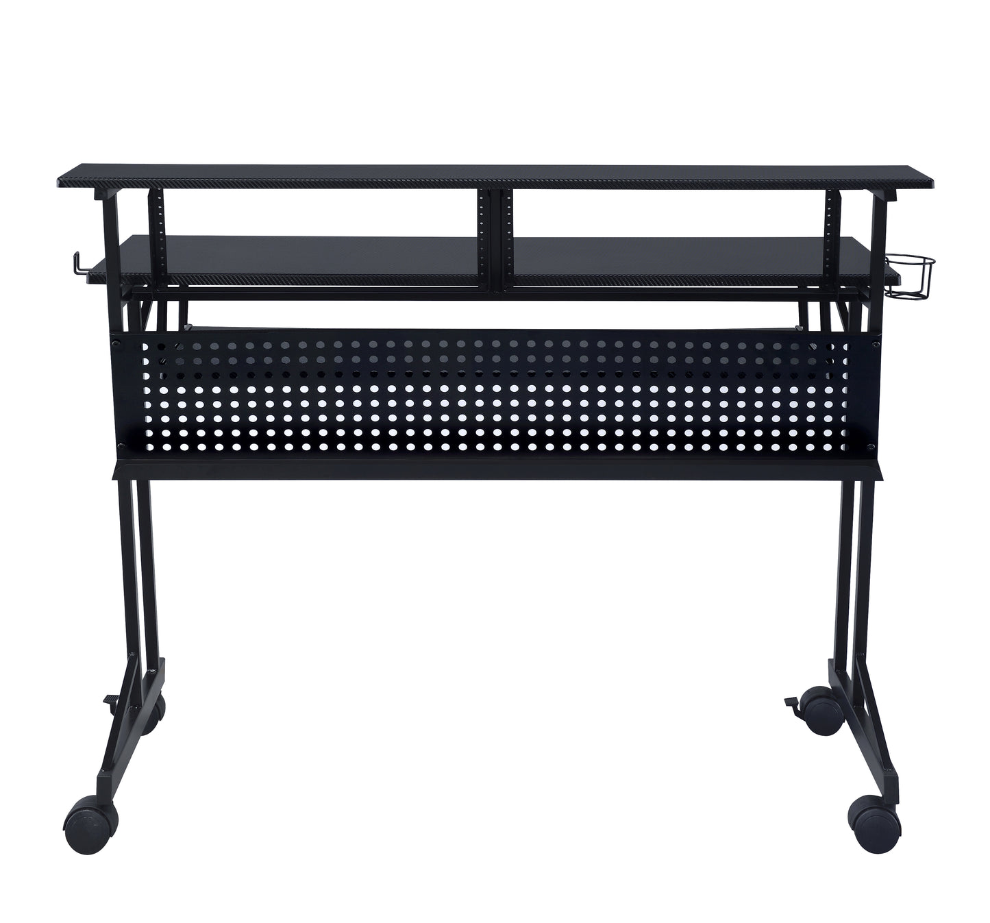 Black metal studio desk with shelves and casters perfect for home recording