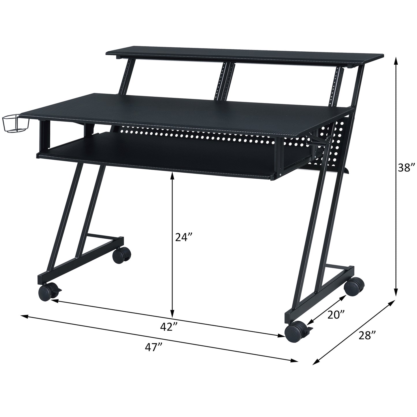 Black metal recording studio desk with tiered shelves and headphone hook