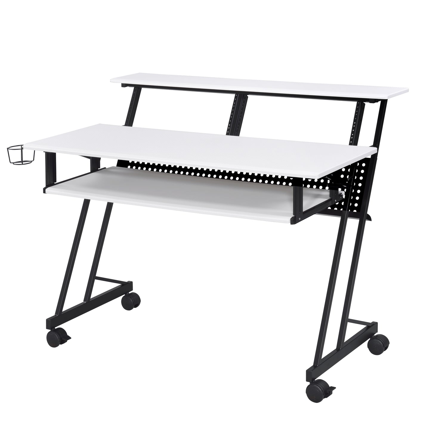 White studio desk with black metal frame two shelves and rolling casters