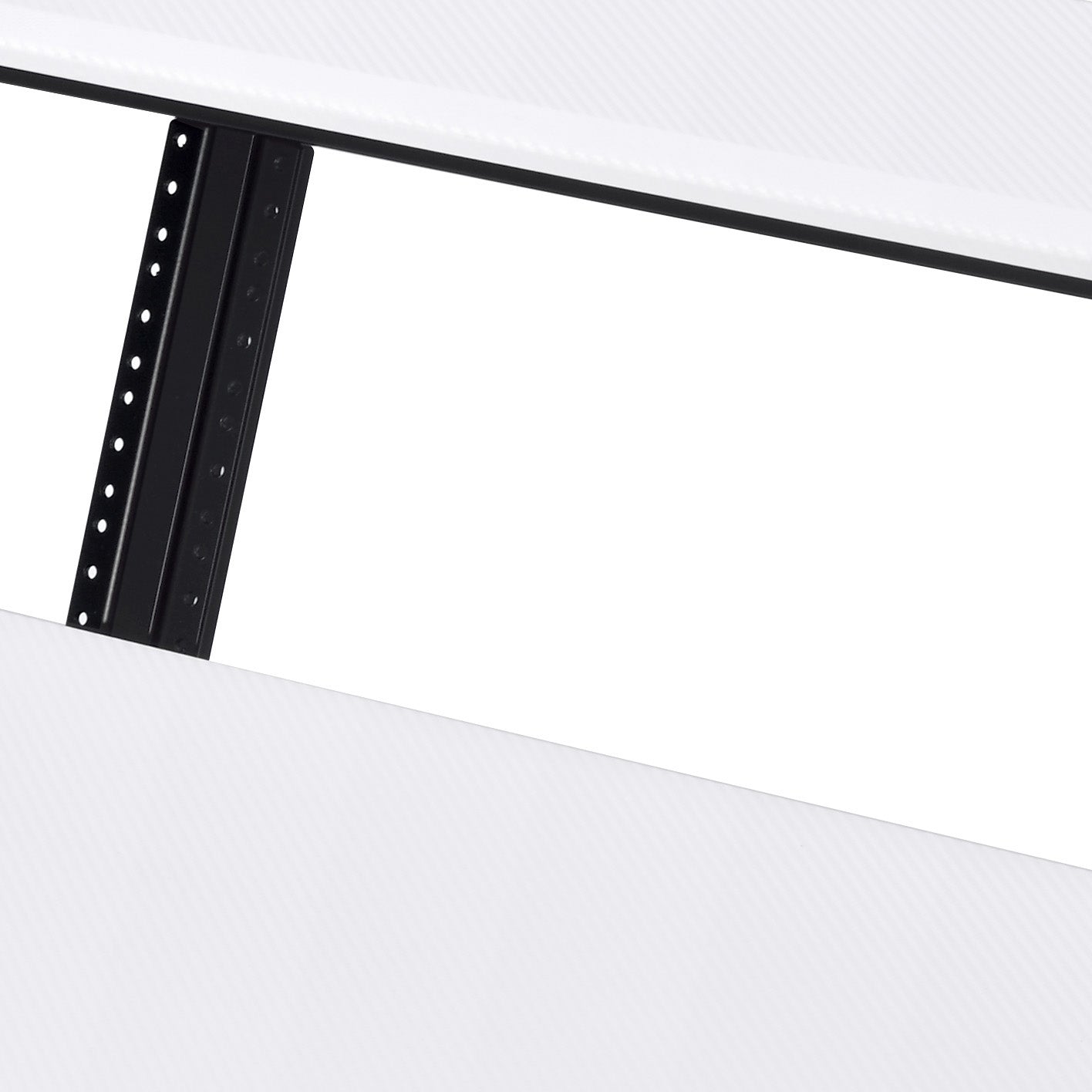 Closeup of a black steel server rack mount with white textured surface