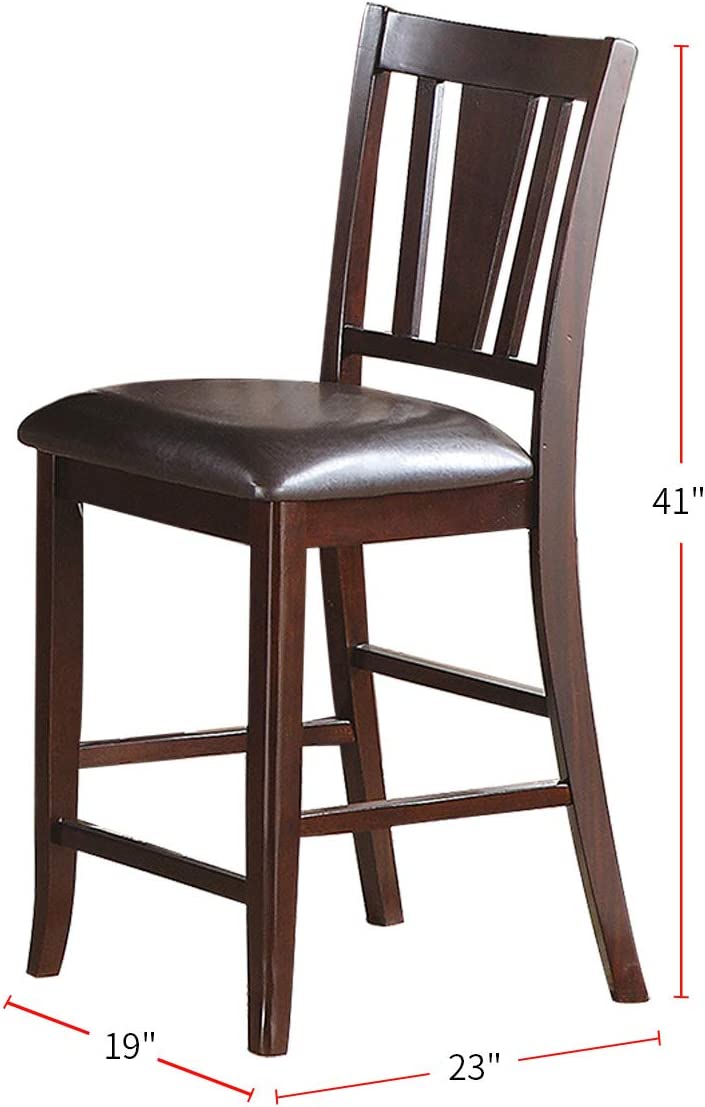 Dark wood counter stool with brown faux leather seat and slatted back