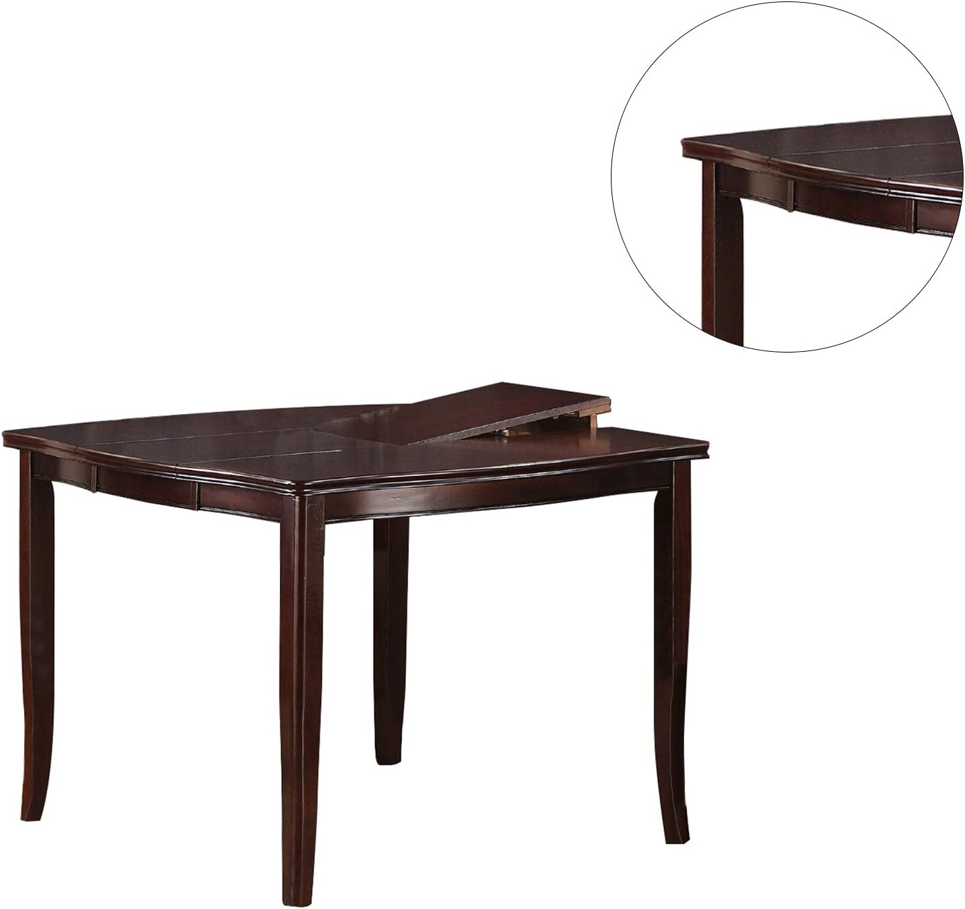Dark brown rectangular dining table with extending leaf solid wood construction