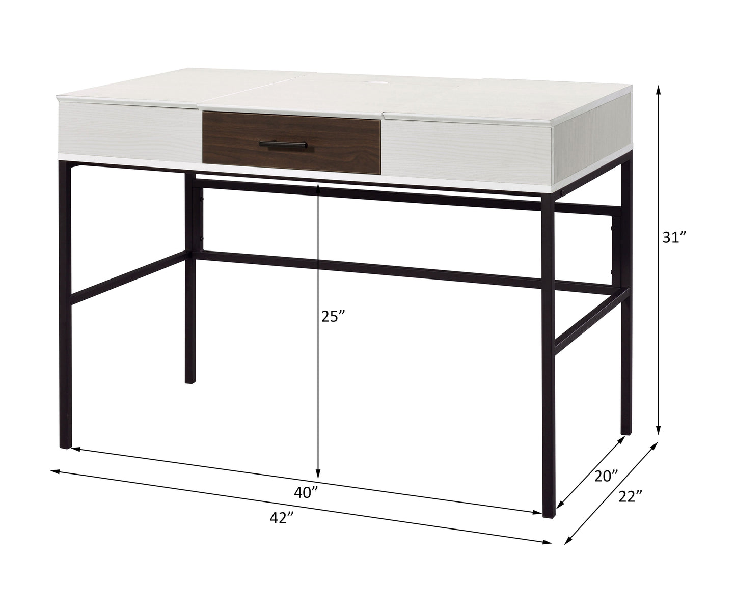 Modern white and dark wood writing desk with black metal legs and drawer