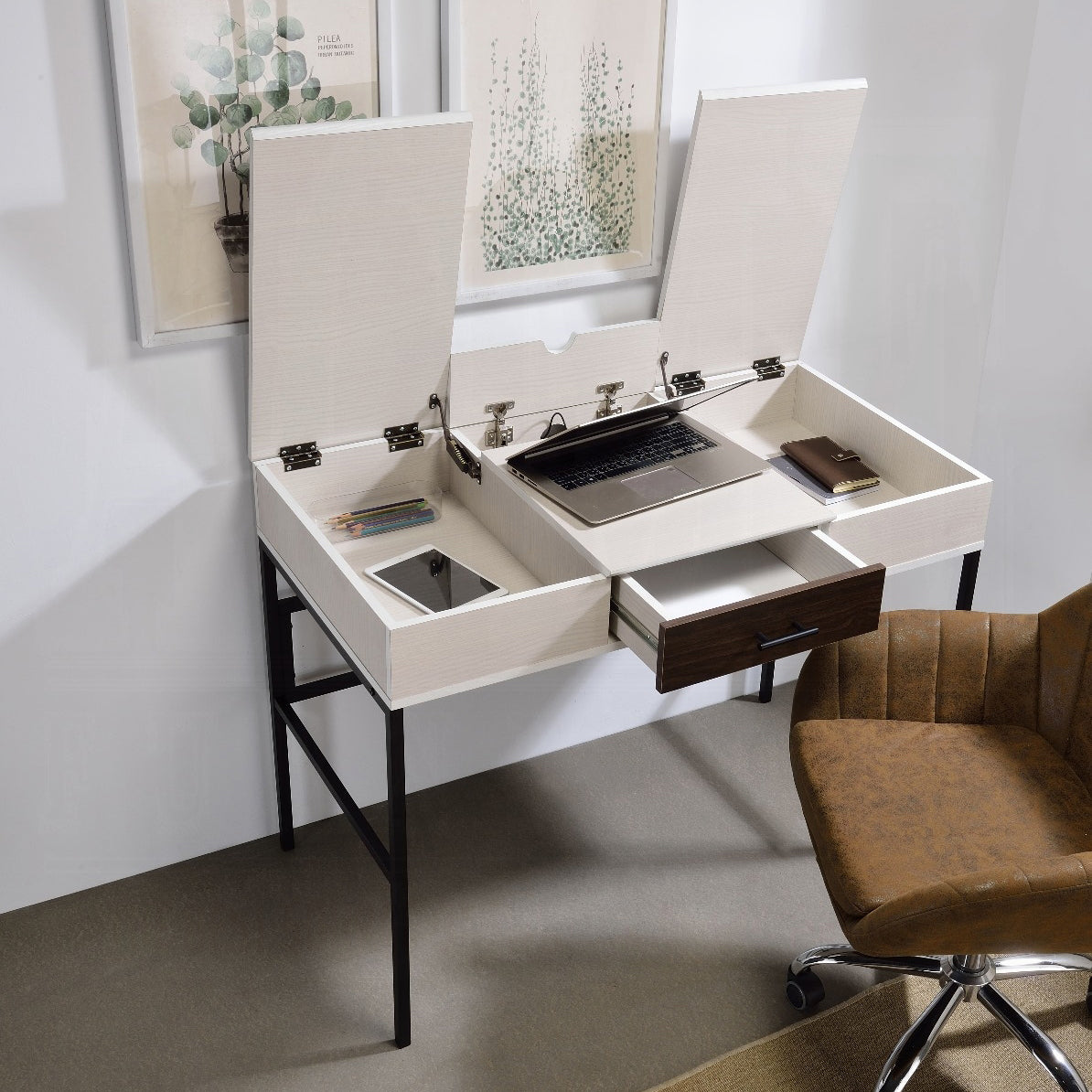 Compact white lifttop desk with laptop tablet and art supplies