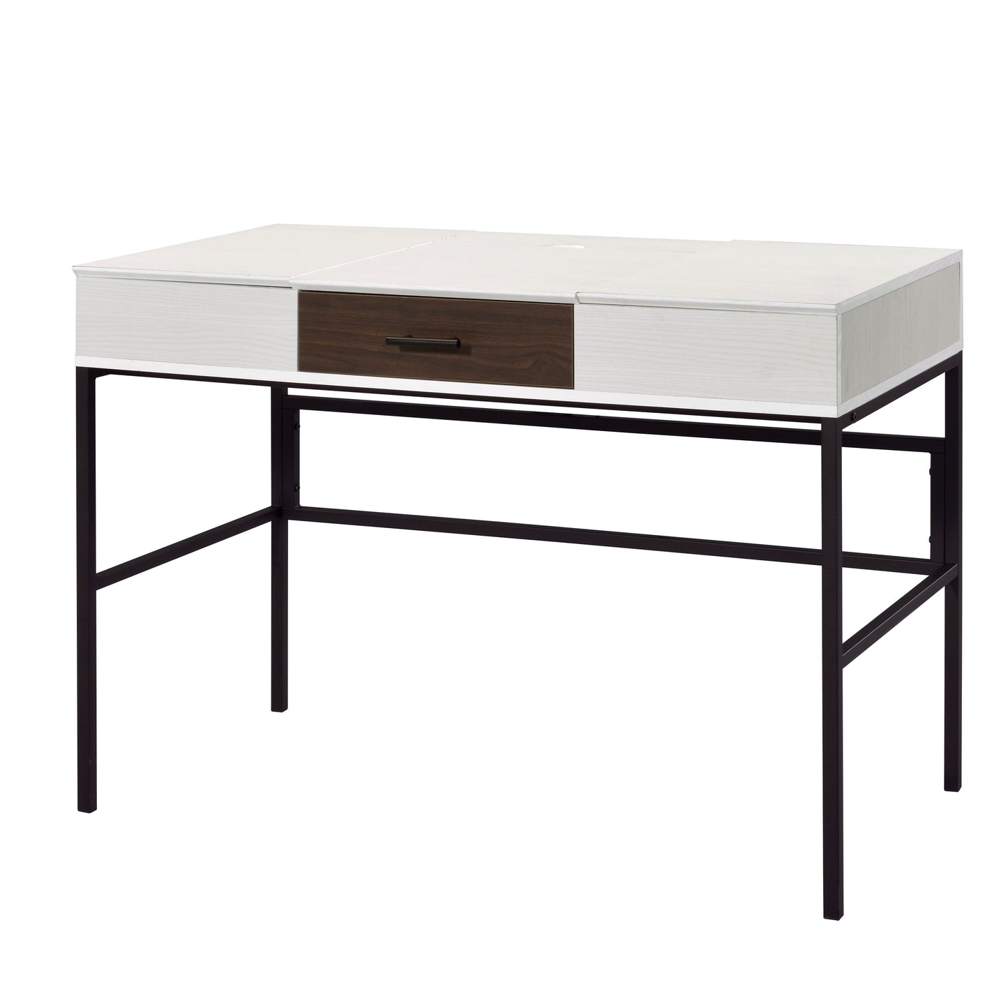 Modern white writing desk with dark wood drawer and black metal legs