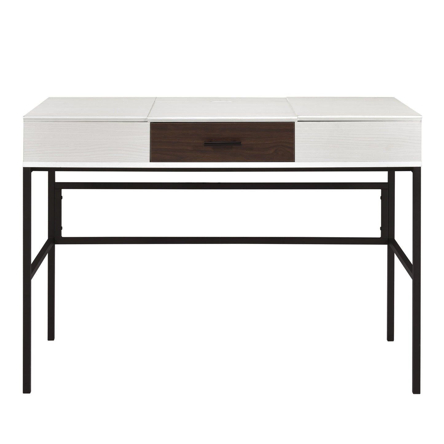 Modern white dressing table with a dark wood drawer and black metal legs