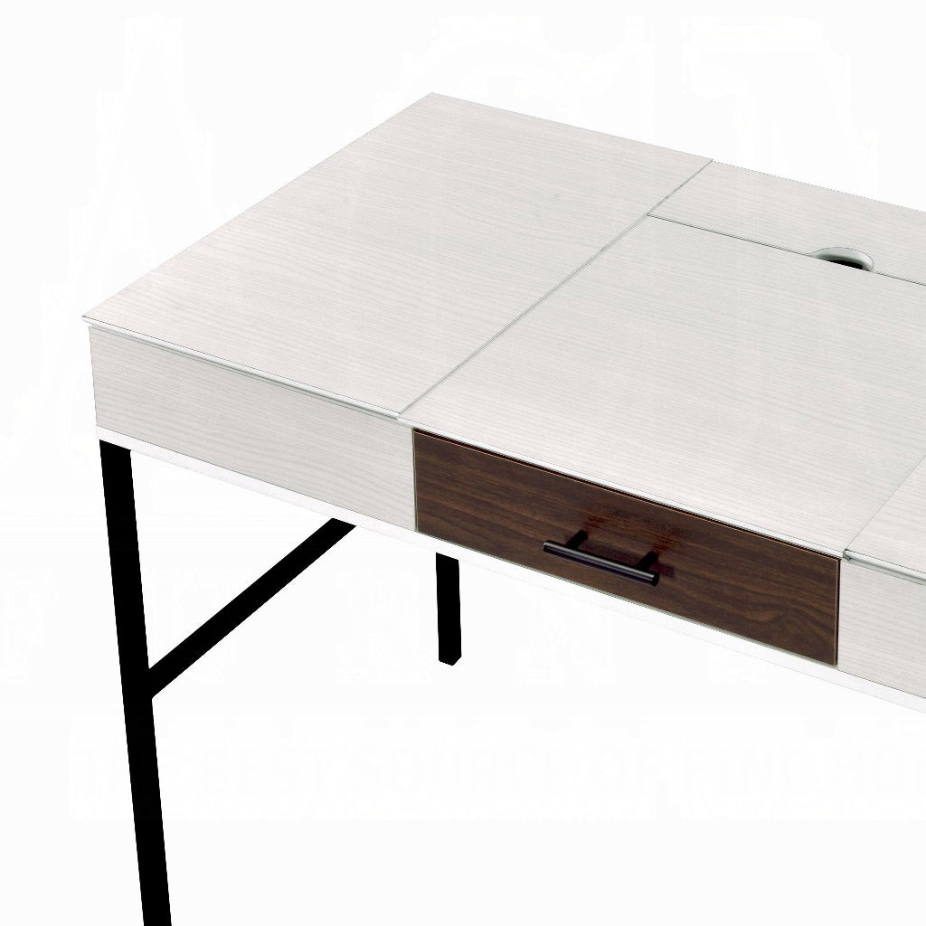 Modern white wood desk with dark wood drawer and metal legs