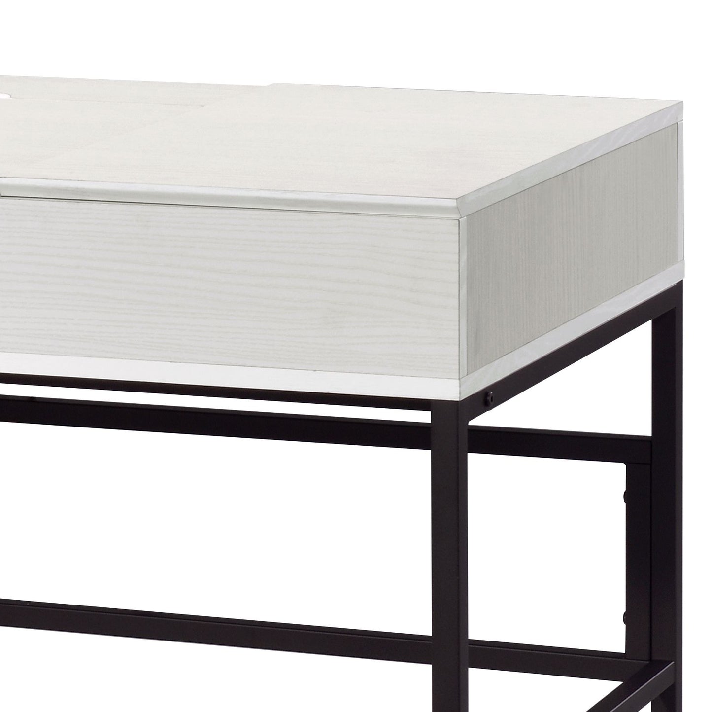 White wood grain top and silver trim detail on a modern metal frame desk