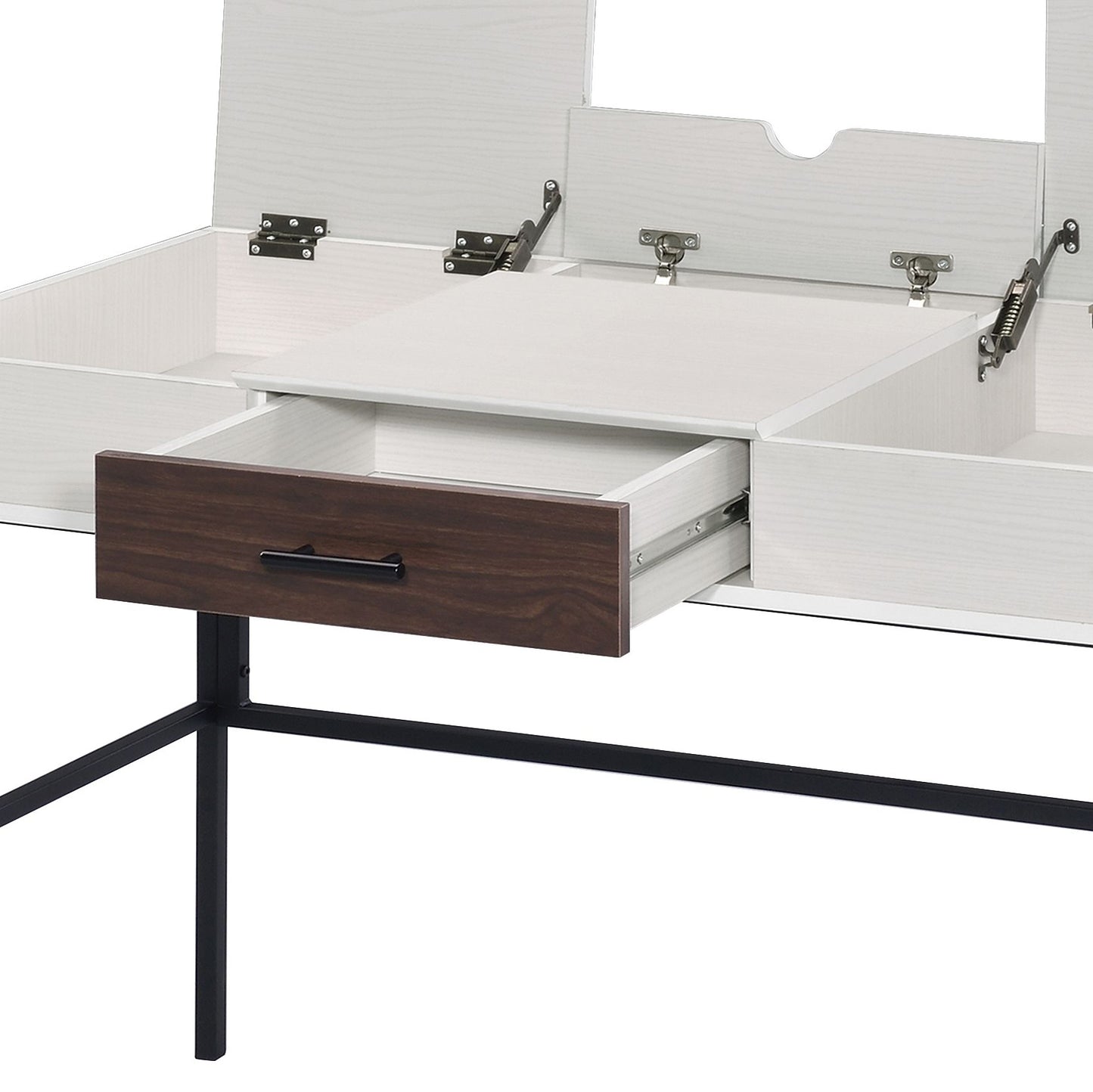 Open view of a white lifttop vanity desk with one dark wood drawer pulled out