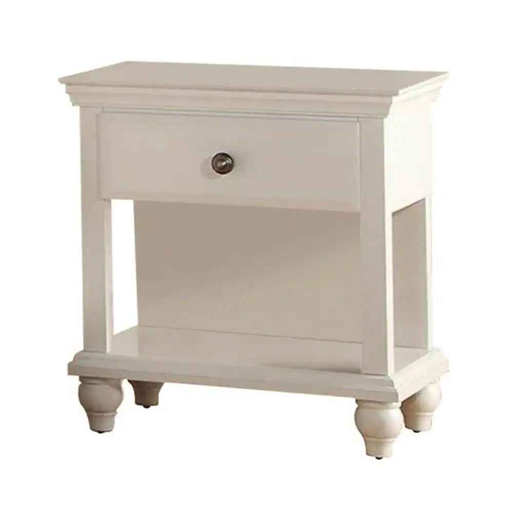 Elegant white wooden nightstand with a single drawer and open shelf storage