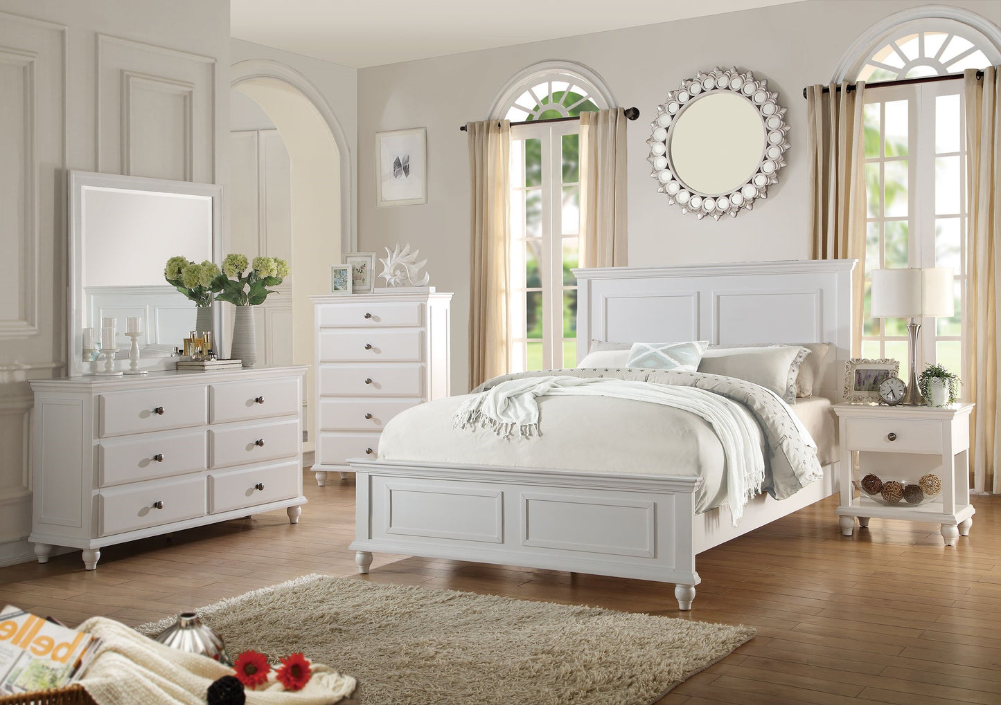 Elegant white wooden king bed with upholstered headboard perfect for a serene bedroom