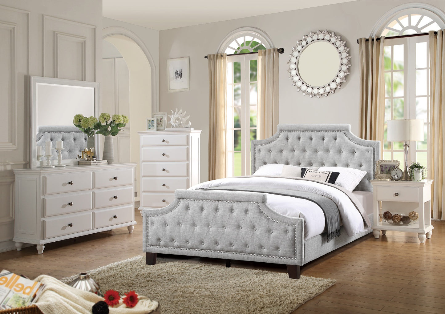 Tufted grey fabric bed with silver nailhead trim queen size for a luxurious bedroom