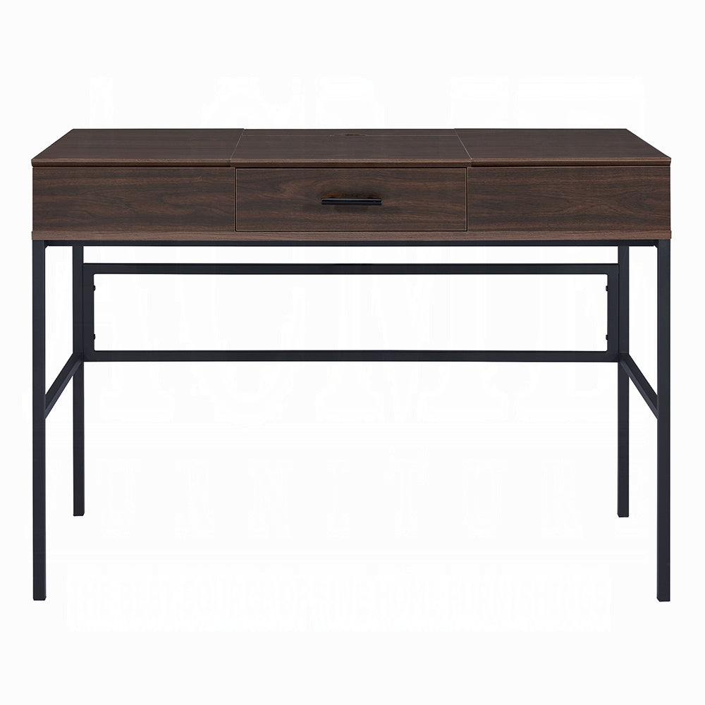 Dark wood grain lifttop desk with black metal frame and single drawer