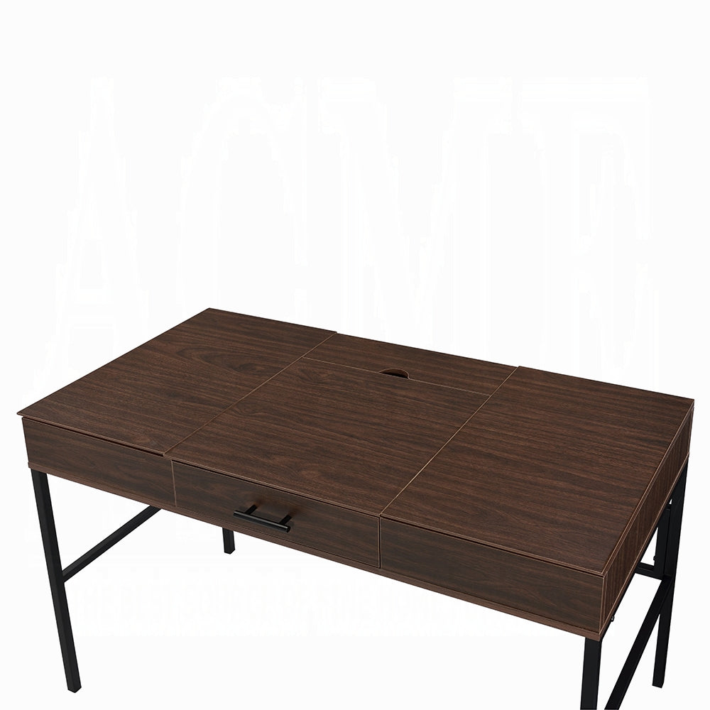 Dark wood writing desk with sleek black legs and a single drawer