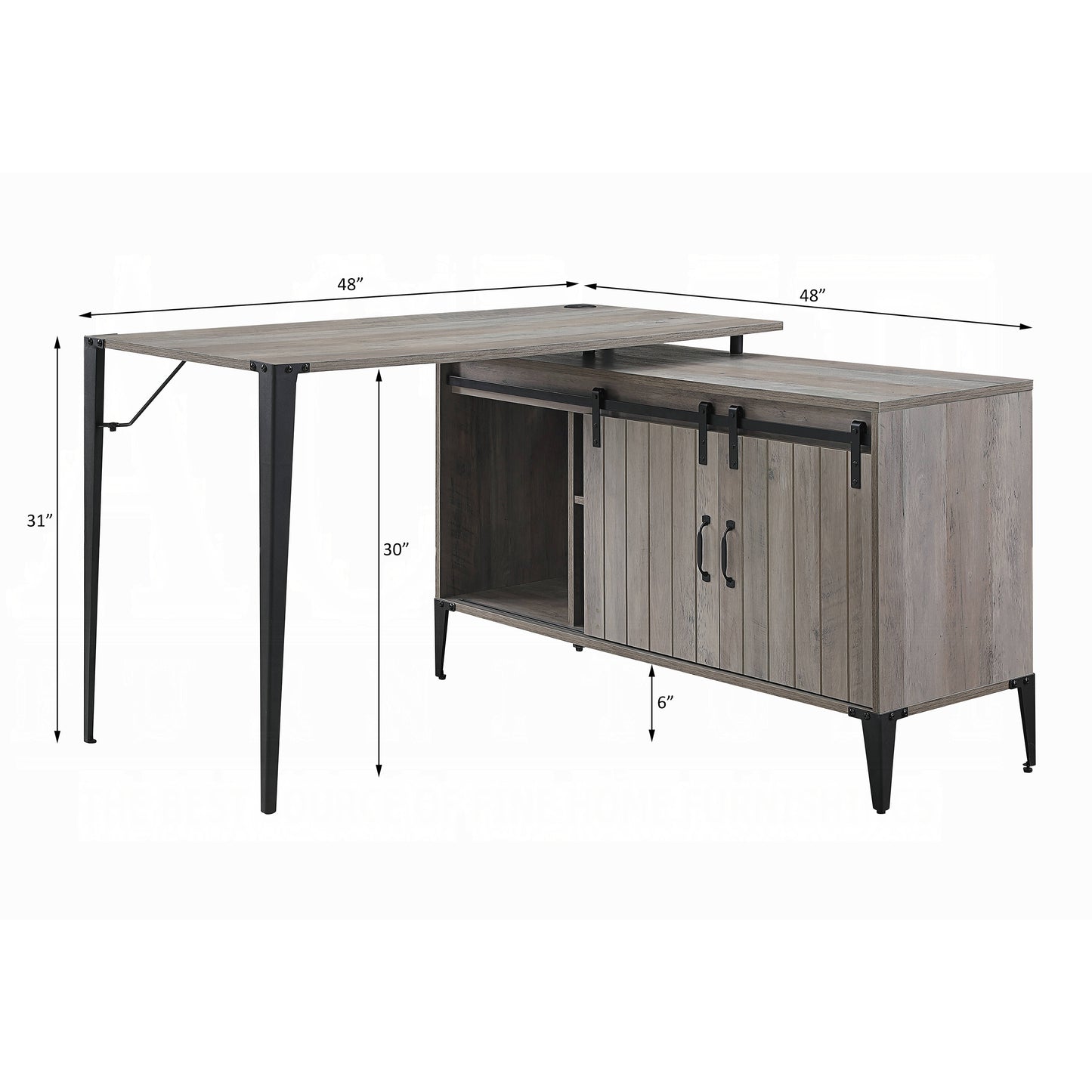 Rustic grey wood Lshaped desk with black metal legs and barn door cabinet