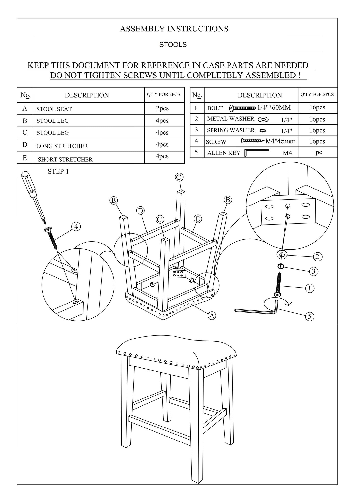 Diagram shows assembly of a stool seat A using screws and a screwdriver