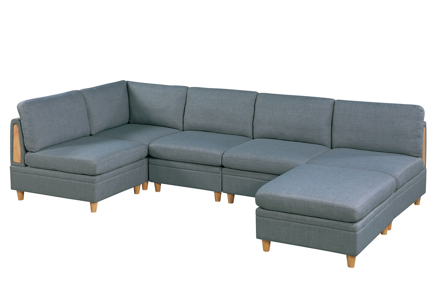 Gray sectional sofa with wooden accents and storage ottoman for living room comfort