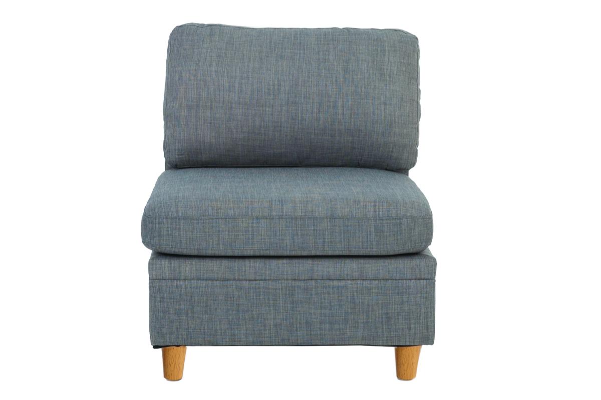 Blue upholstered armless chair with deep seat and plush back cushion perfect for modern living rooms