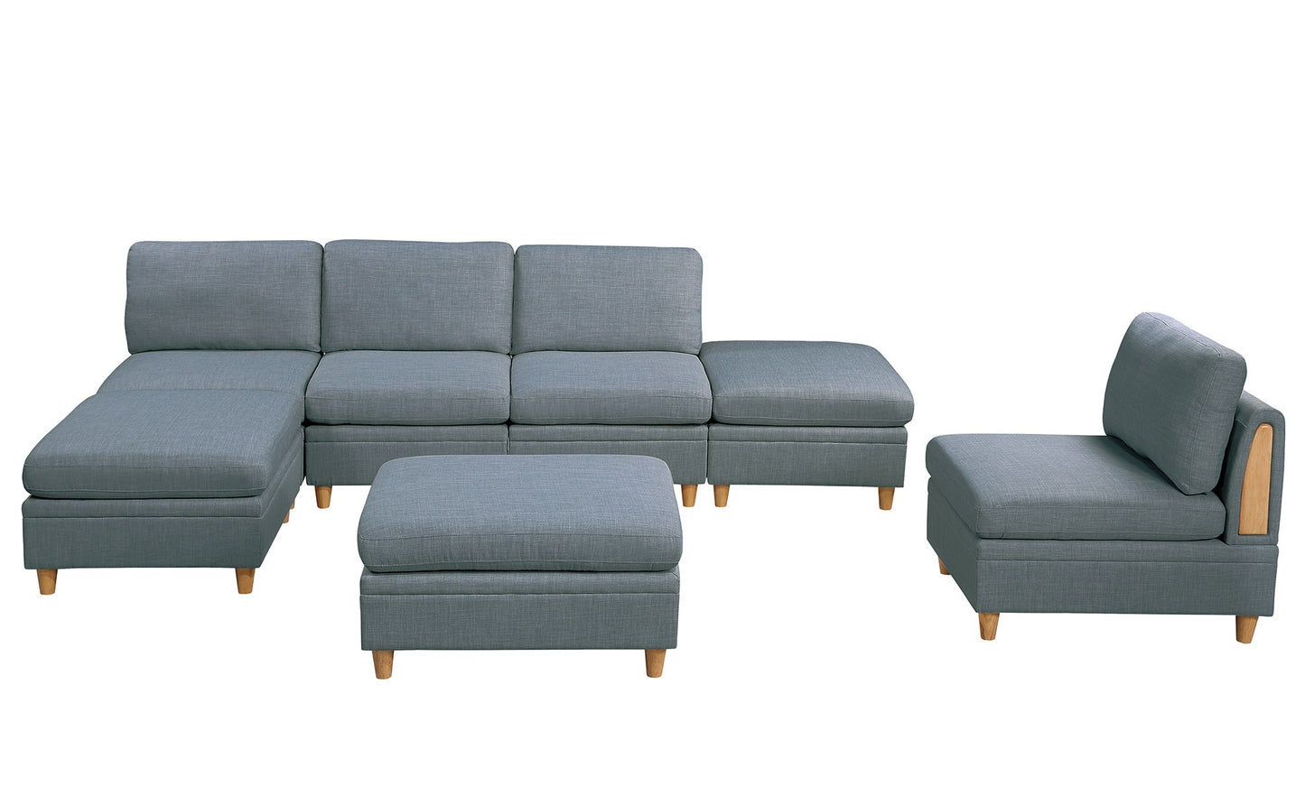 Grey fabric sectional sofa with modular chaise and ottoman for living room