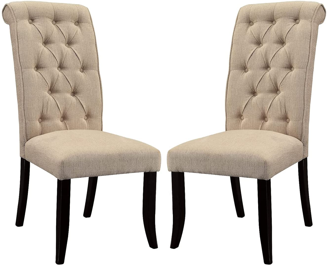 Two beige linen tufted dining chairs with dark wood legs elegant and classic design