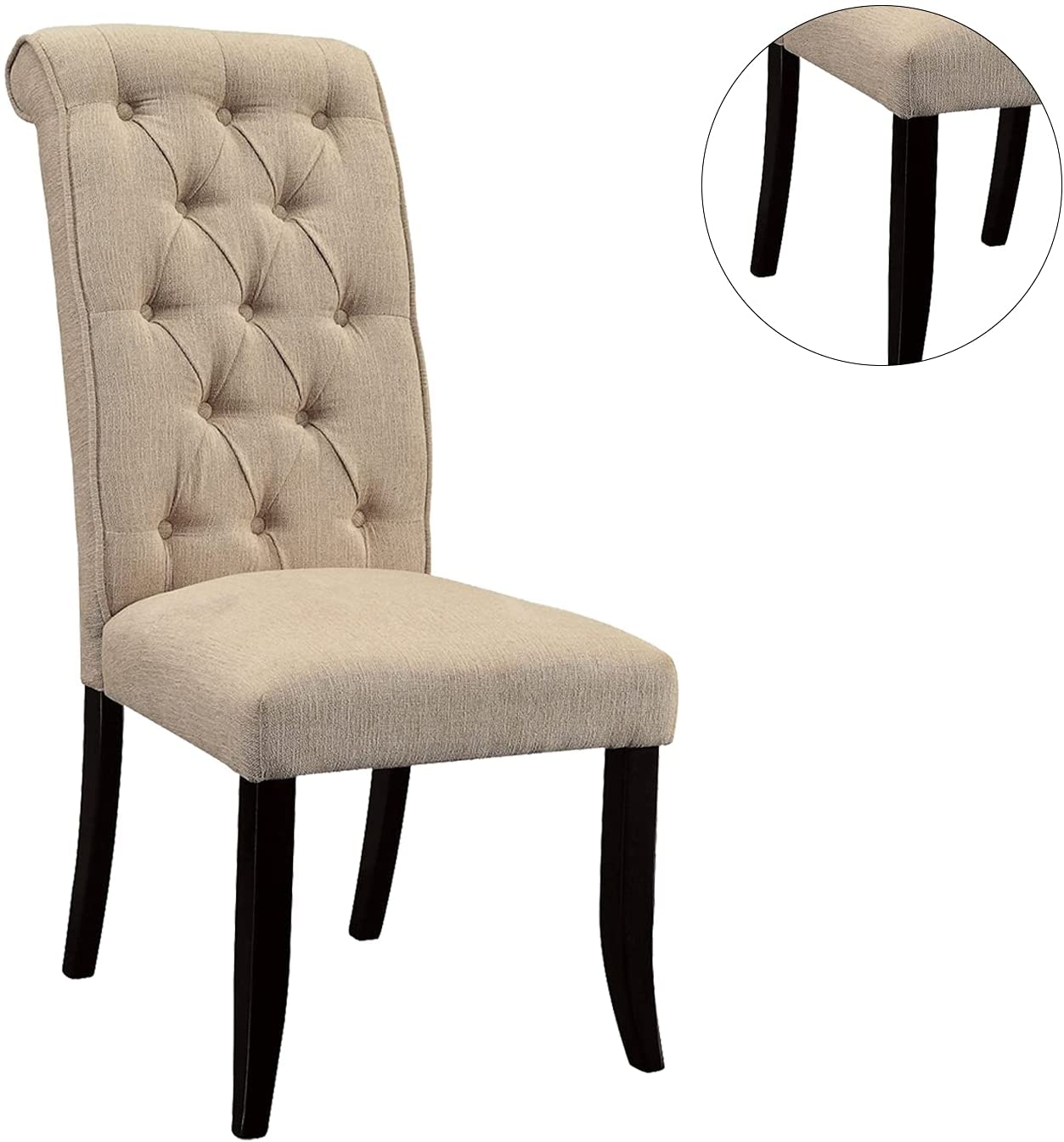 Tufted beige fabric dining chair with dark wood legs