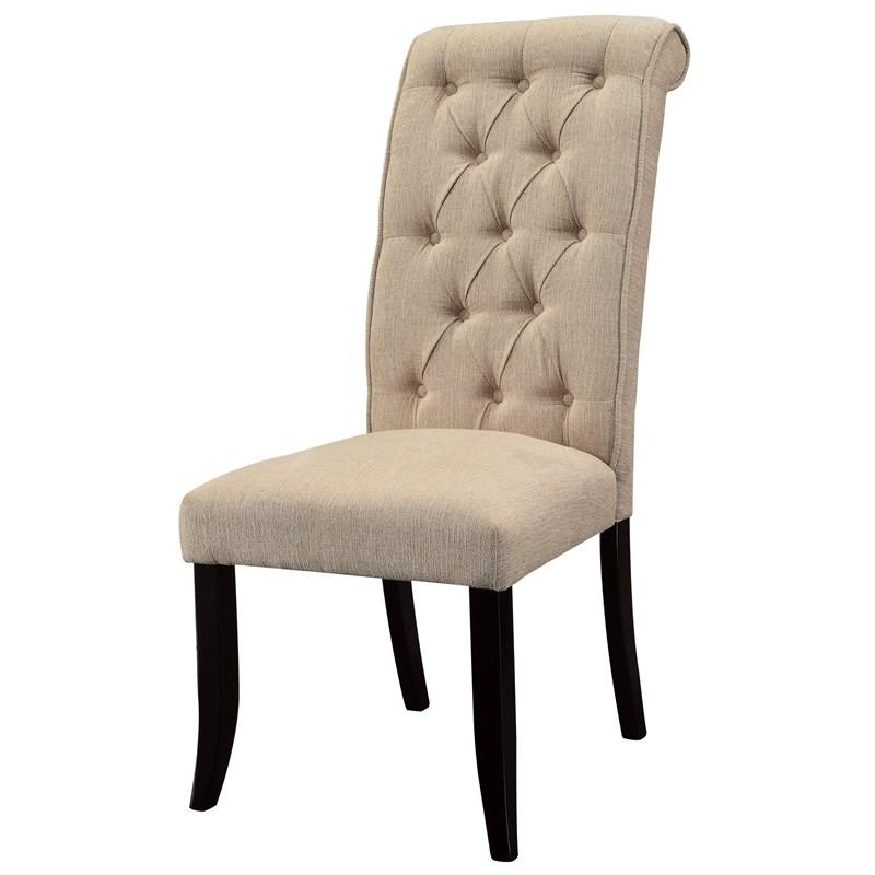 Tufted back linen dining chair in beige with dark wooden legs