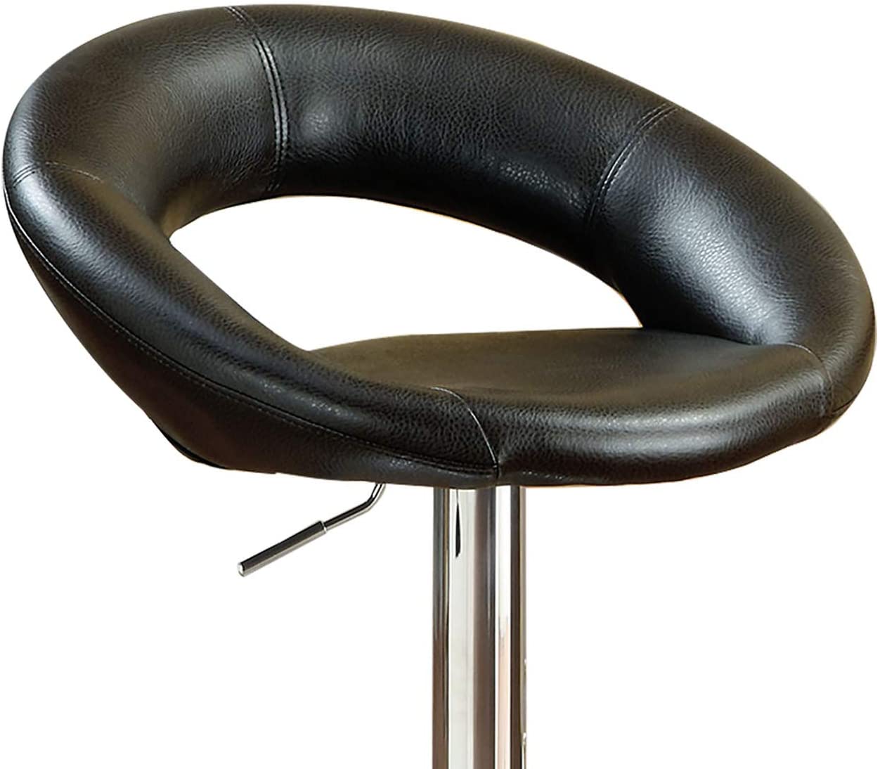 Modern black faux leather bar stool with polished chrome base and adjustable height
