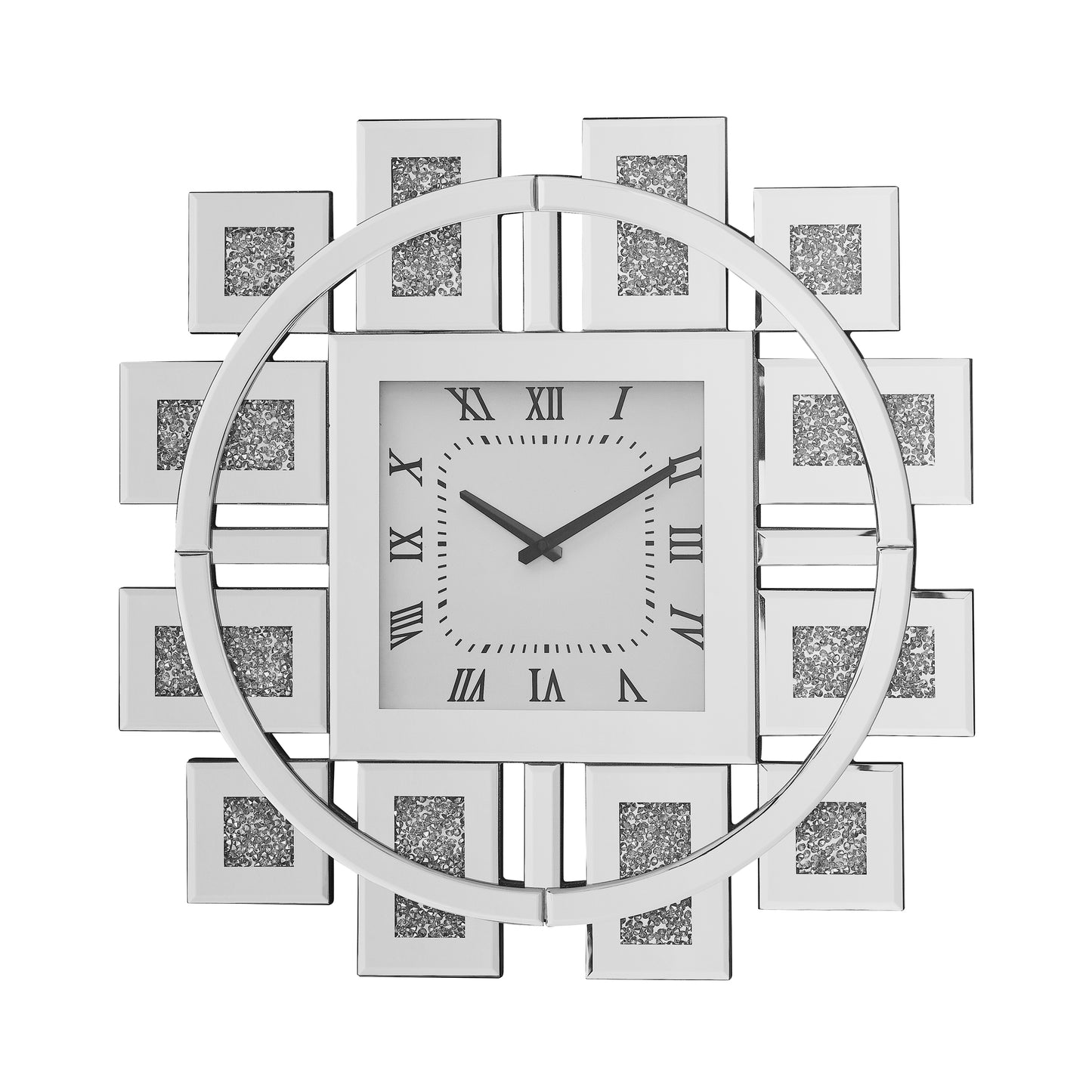 Square wall clock with Roman numerals and sparkling crystal accents