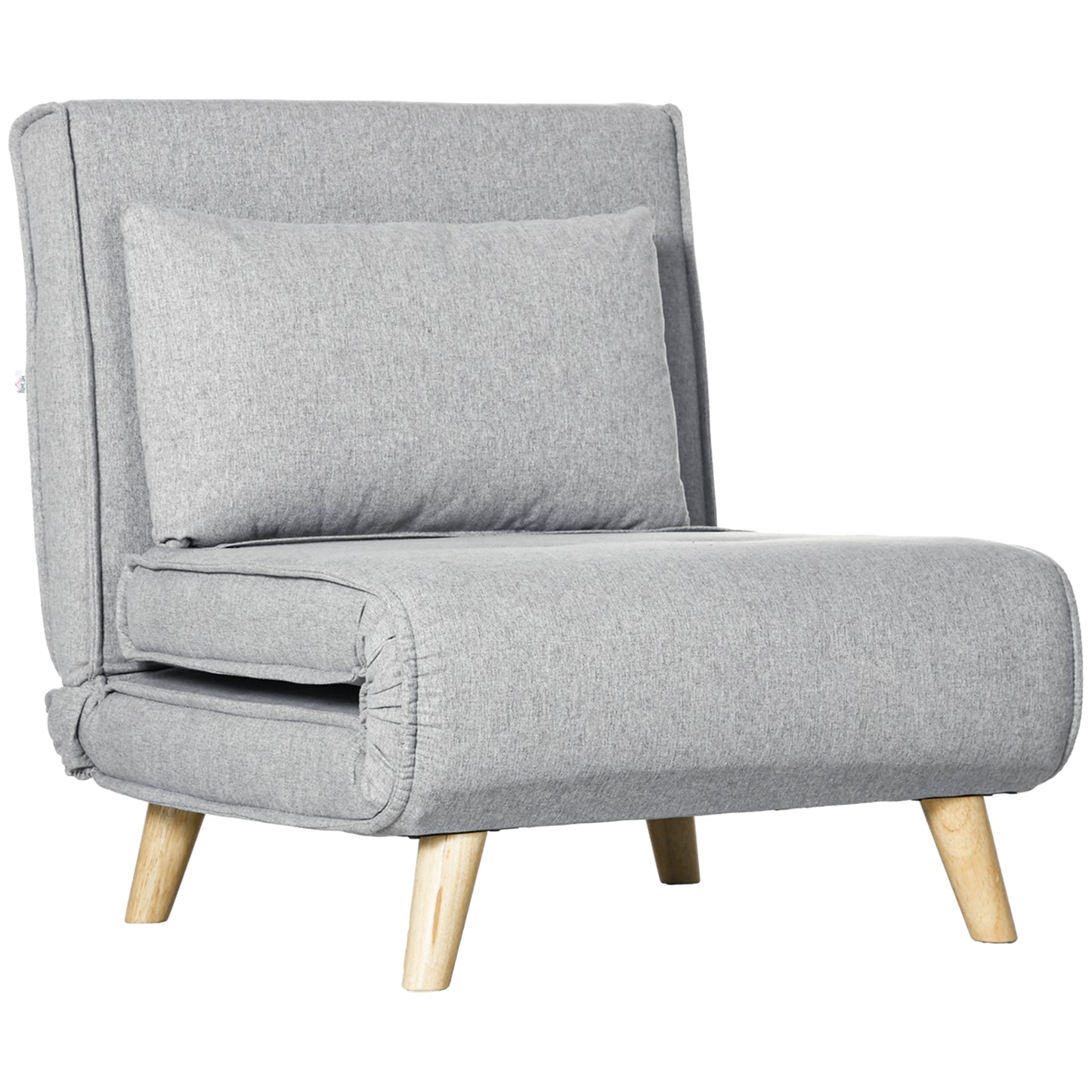 Grey fabric convertible chair with wooden legs and a matching cushion