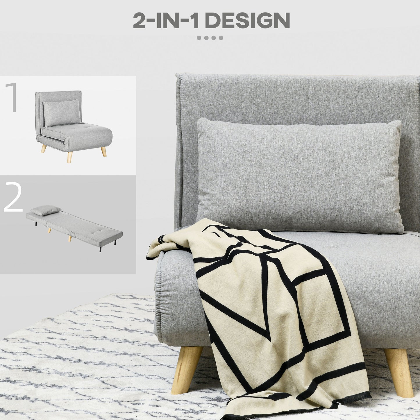 Grey upholstered in sofa bed in upright position on wooden legs