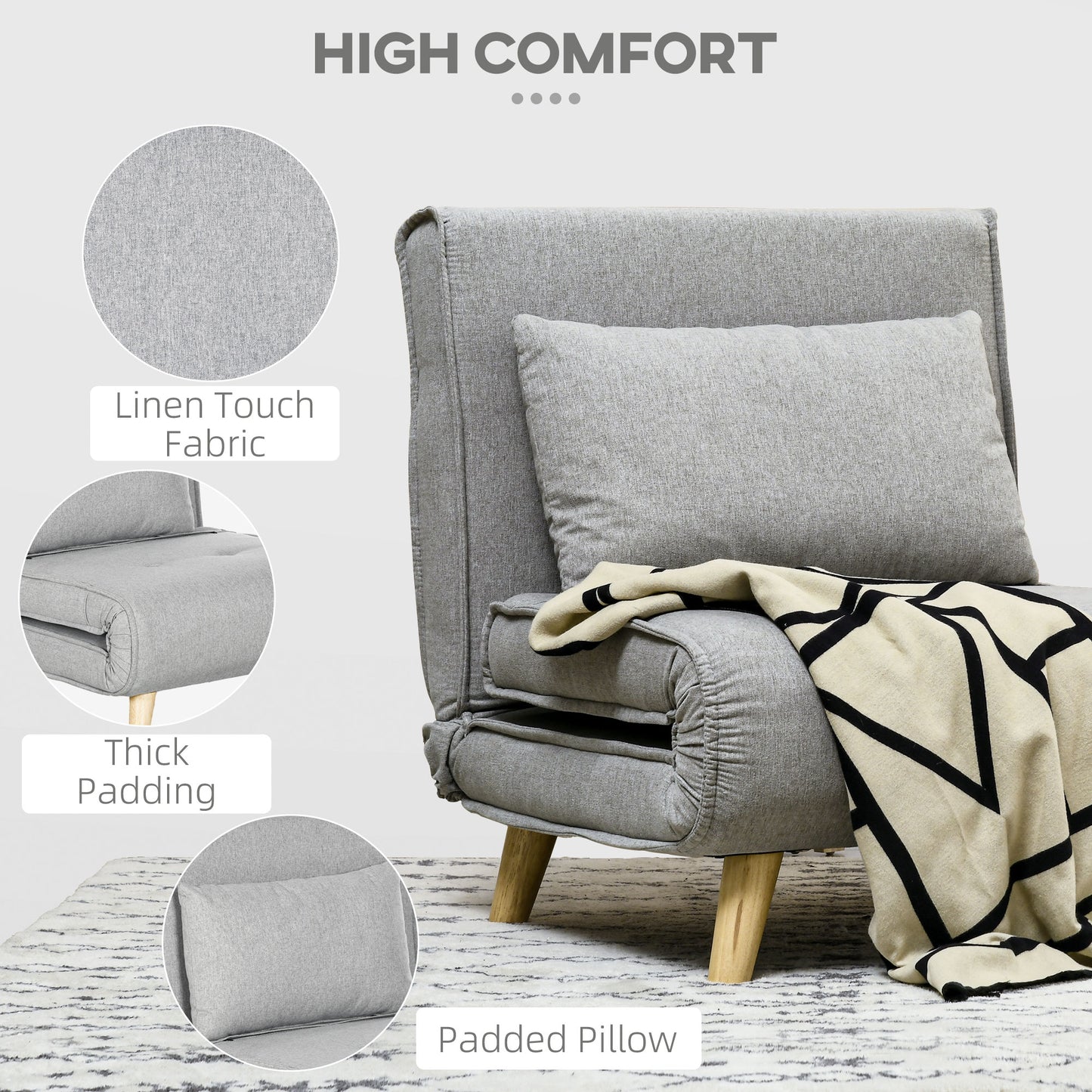 Grey linen touch fabric sofa bed with thick padding and a beige geometric throw